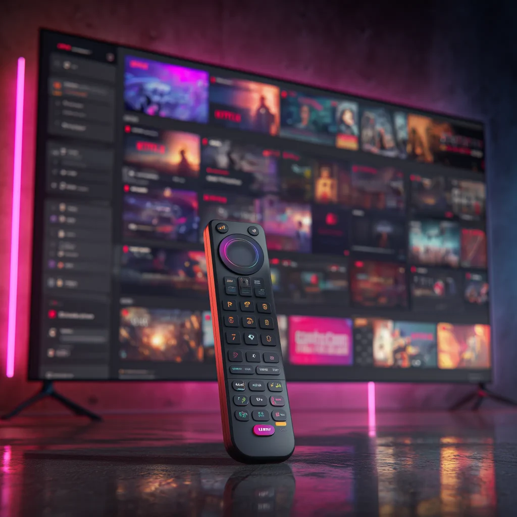 Best IPTV for Firestick in 2026 (Full Guide + Top Picks) - Watch IPTV Online | FluxPlay.TV Firestick remote in front of a 4K IPTV interface showing movies, sports, and live TV – best IPTV for Firestick 2026.
