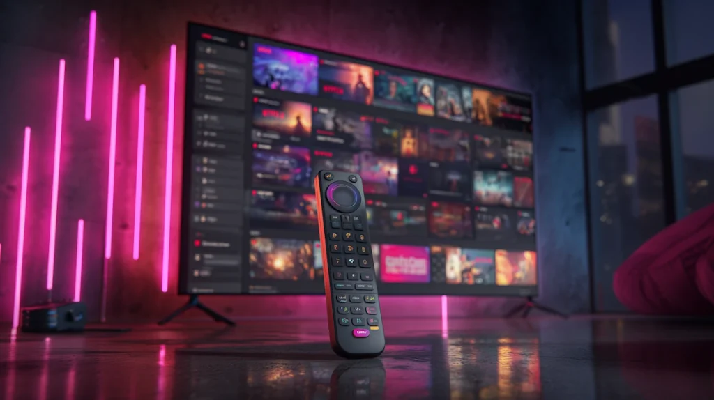 Best IPTV for Firestick in 2026 (Full Guide + Top IPTV Services & Apps) - Watch IPTV Online | FluxPlay.TV Firestick remote in front of a 4K IPTV interface showing movies, sports, and live TV – best IPTV for Firestick 2026.
