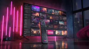 Firestick remote in front of a 4K IPTV interface showing movies, sports, and live TV – best IPTV for Firestick 2026.
