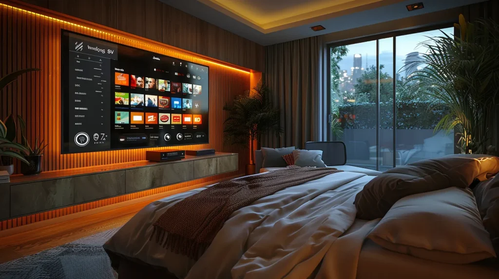 Best IPTV Streaming Service – FluxPlay.tv - Watch IPTV Online | FluxPlay.TV luxury modern room with large smart TV streaming IPTV movies and sports — best IPTV service for desktop background