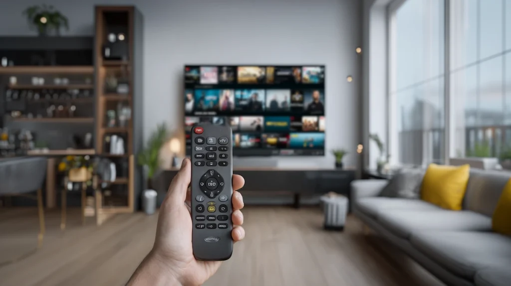 How to Set Up IPTV on Smart TV Using IBO Player Pro (2026 Expert Guide) - Watch IPTV Online | FluxPlay.TV Hand holding a remote control while setting up IPTV on a Smart TV – how to set up IPTV on Smart TV