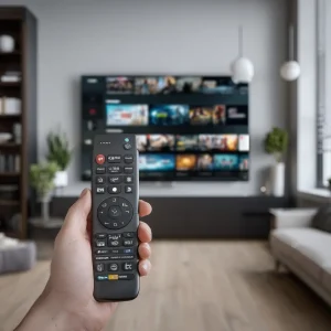 Blog - Watch IPTV Online | FluxPlay.TV Hand holding a remote control while setting up IPTV on a Smart TV – how to set up IPTV on Smart TV