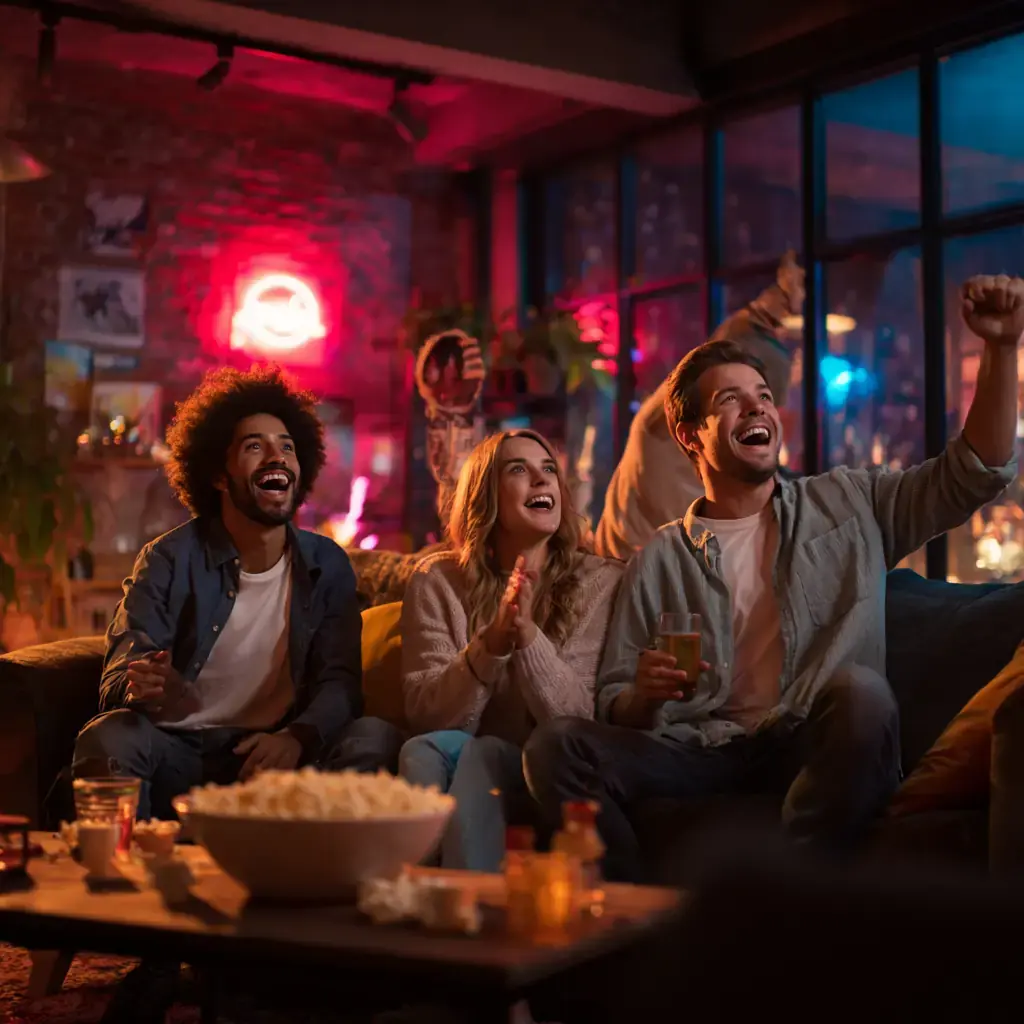 About FluxPlay – Your Trusted IPTV Source - Watch IPTV Online | FluxPlay.TV About IPTV Service FluxPlay showing people enjoying futuristic IPTV streaming with neon lighting, reflecting our vision for global entertainment without limits