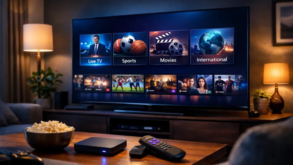 IPTV for Roku in 2026 – How to Watch Live TV, Sports & Channels Easily - Watch IPTV Online | FluxPlay.TV IPTV for Roku showing live TV, sports and international channels on a smart TV