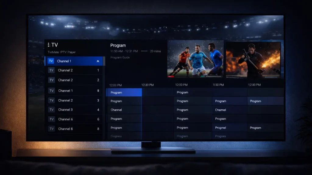 TiviMate IPTV Player – Complete Guide for USA & Europe (2026) - Watch IPTV Online | FluxPlay.TV TiviMate IPTV Player interface showing live TV channels and EPG on Android TV and Firestick