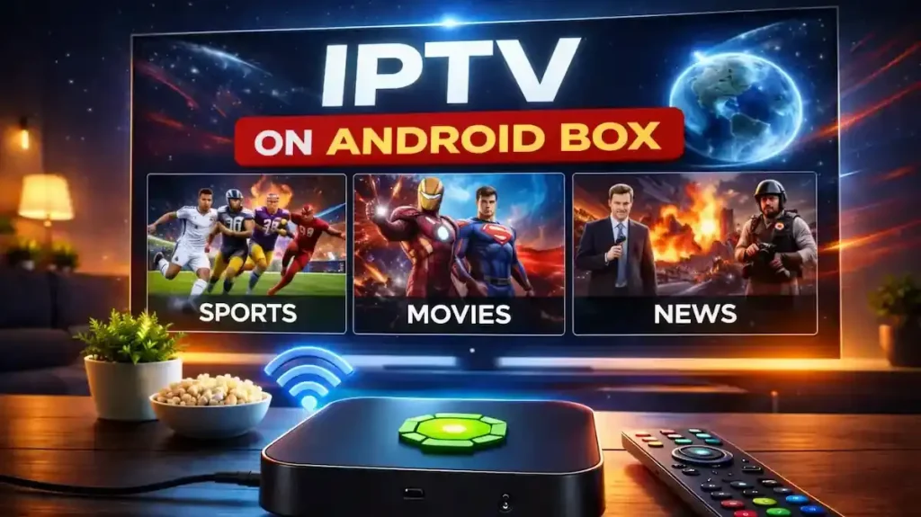 How to Install IPTV on Android Box (Step-by-Step Guide + Best Apps 2026) - Watch IPTV Online | FluxPlay.TV IPTV on Android Box setup showing streaming apps, live TV channels, sports, movies and 4K content on smart TV